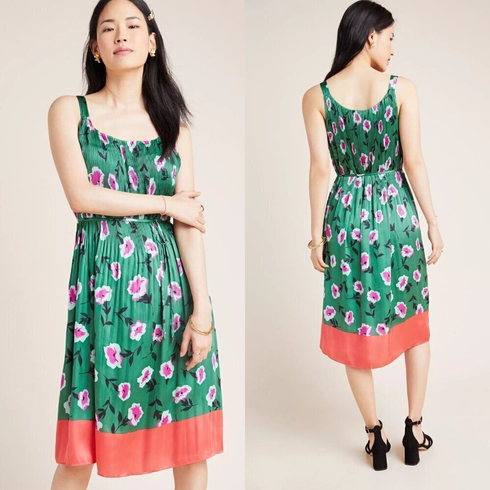 Anthropologie Mireille Green Pink Floral Print Pleated Midi Dress 37385
